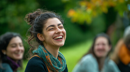 Laughter yoga session with friends in a park - Joyful and dynamic, vibrant greenery, candid and lively shot