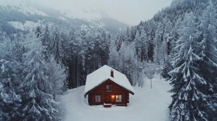Naklejka premium Idyllic Winter Cabin Retreat Surrounded by Snow-Covered Forest Landscape