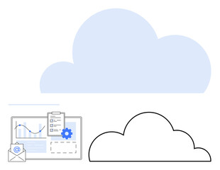 Blue cloud above laptop displaying analytics, email, and gear, highlighting digital storage, collaboration, and tech. Ideal for cloud technology, data management, cybersecurity remote access