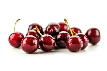Red cherries isolated on white background. AI generated illustration.
