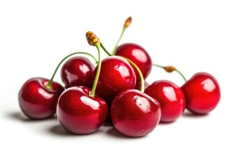 Obraz premium Red cherries isolated on white background. AI generated illustration.