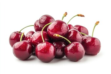 Red cherries isolated on white background. AI generated illustration.