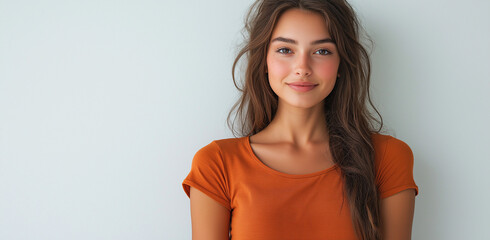 Full-length portrait of a smiling woman in casual orange shirt and gray shorts against a white background