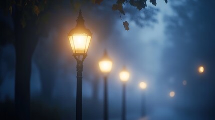 Illuminated street lamps shrouded in a misty twilight ambiance creating serenity