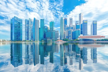 Fototapeta premium Reflective skyscrapers and business office buildings. AI generated illustration.