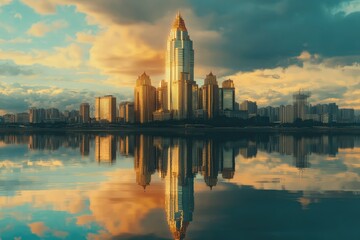 Fototapeta premium Reflective skyscrapers and business office buildings. AI generated illustration.
