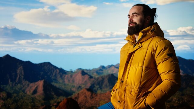 Determined explorer gazes at the endless sky and towering peaks, reflecting on extreme hiking activity and conquering fears. Enjoys breathtaking mountain view, nature lover. Camera A.
