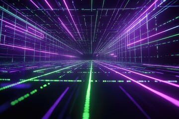 Rising financial graph in glowing neon grid. AI generated illustration.