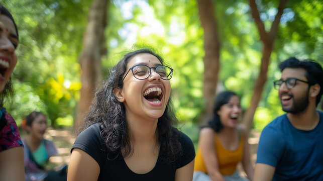 Laughter yoga session with friends in a park - Joyful and dynamic, vibrant greenery, candid and lively shot