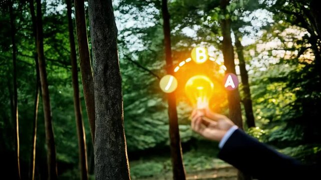 Hand holding a light bulb with a, b, g letters against a blurred green background outdoors shot