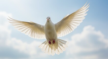 Obraz premium A magnificent white dove in mid-flight, wings spread wide against a serene blue sky, symbolizing peace and freedom. Perfect for themes of tranquility and hope.