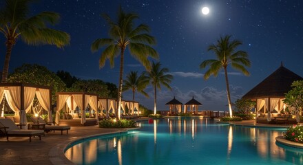 Fototapeta premium A luxurious resort pool area shines under soft lights at night, with swaying palm trees and private cabanas. The bright full moon and stars create a tranquil setting for relaxation.