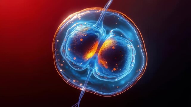A highly detailed microscopic view of a stem cell undergoing mitosis, highlighting the intricate process of cell division with vibrant colors and clarity