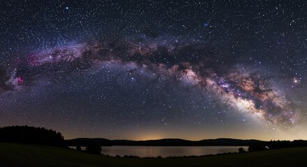 A stunning night sky reveals the Milky Way, with twinkling stars against a dark backdrop. A serene landscape and reflective water invite contemplation and awe.
