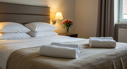 A cozy hotel bedroom with a neatly made bed, fluffy white pillows, and rolled towels on a soft blanket. A bedside lamp illuminates colorful flowers, creating a welcoming atmosphere.
