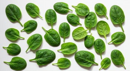 Obraz premium A vibrant assortment of fresh spinach leaves arranged artfully. The varied shapes and rich green colors create a visually appealing composition. Perfect for culinary or health-related projects.