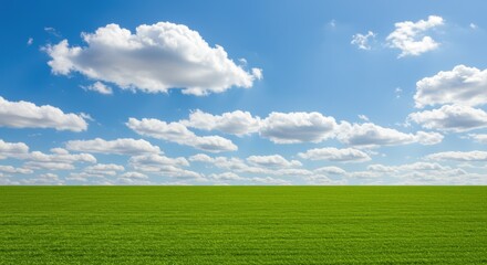 Fototapeta premium A vast sea of green grass stretches under a bright blue sky with fluffy clouds, creating a serene landscape that's perfect for nature lovers and outdoor enthusiasts.