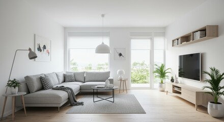 Fototapeta premium A modern living room featuring a gray sectional sofa with patterned pillows, a sleek coffee table on a soft rug, indoor plants, and a multimedia setup for an inviting atmosphere.