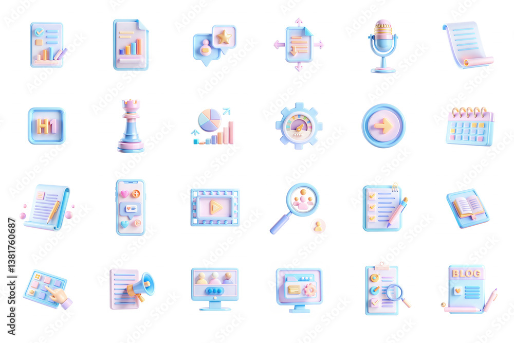 Poster a vibrant collection of 3d icons depicting various concepts like graphs, charts, and data analysis t