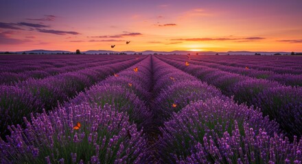 Obraz premium A tranquil lavender field bathed in a vibrant sunset, with rows of purple blooms dancing in the breeze and butterflies flitting gracefully through the blossoms.