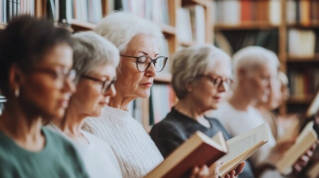 Group of Elderly Women Reading Books in a Library Setting