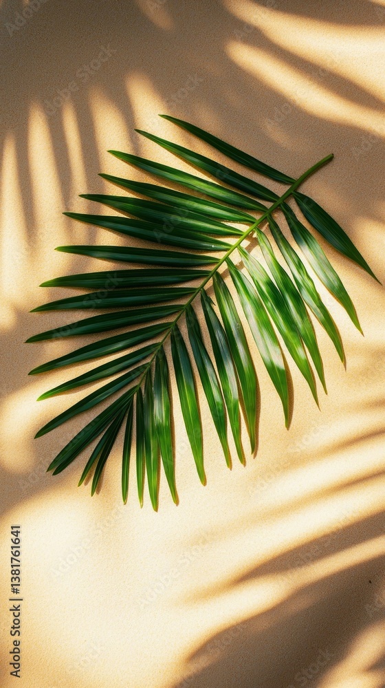 Poster a vibrant palm leaf rests against a soft, sandy surface, creating playful shadows that dance in the 