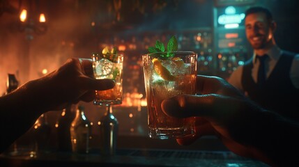Naklejka premium Two people toasting with cocktails at a dimly lit bar