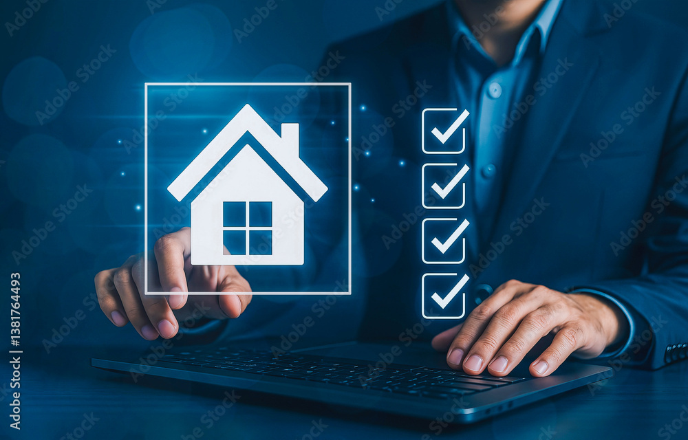 Poster a professional uses a digital interface for real estate management, showcasing property evaluations 