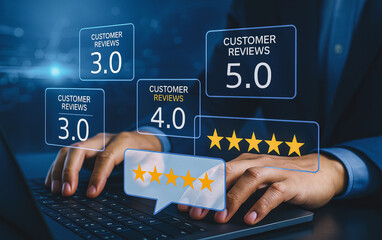 A business professional analyzes customer reviews on a laptop, displaying various ratings to gauge service quality and customer satisfaction.