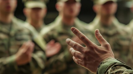 Military officer commanding troops with hand gestures, directing soldiers in the background during a critical military operation, showcasing leadership and tactical authority in action