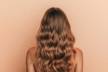 Fototapeta premium A beautiful woman with long, wavy hair viewed from the back against a beige background. The healthy, shiny hair is in sharp focus, offering ample copy space in high-resolution quality.