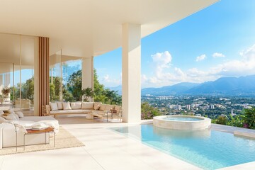 A living room with a pool and a view of the mountains