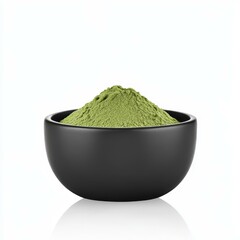 A vibrant green powder sits in a sleek black bowl against a pure white backdrop, highlighting its rich color and texture.