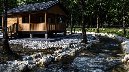 Obraz premium Tranquil wooden cabin by a flowing stream surrounded by lush greenery in a serene landscape