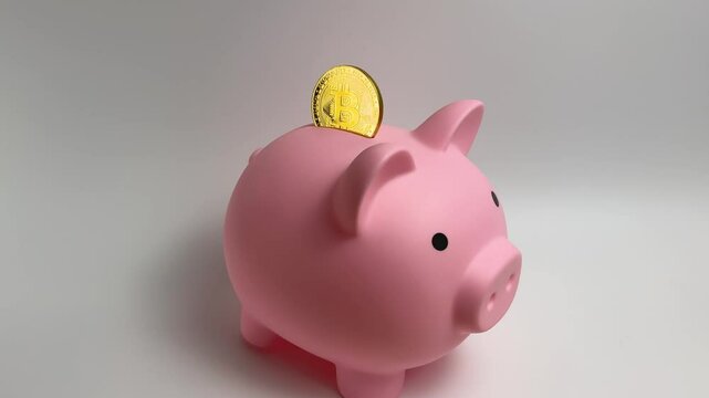 Piggy bank with bitcoin isolated, slow rotation