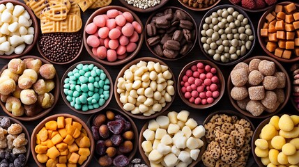 A delightful assortment of colorful candies and sweets in various bowls
