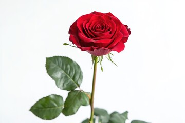 Single red rose with long stem on white background. AI generated illustration.