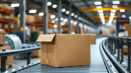 Brown cardboard box on conveyor belt in busy warehouse with glowing lights in background