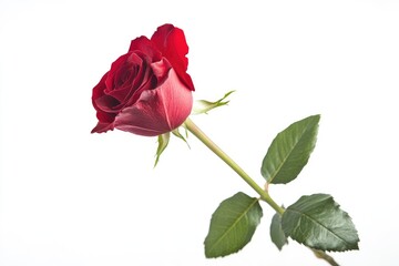 Fototapeta premium Single red rose with long stem on white background. AI generated illustration.