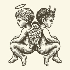 clip art childern cupid angel and demon twin couple engraving vector