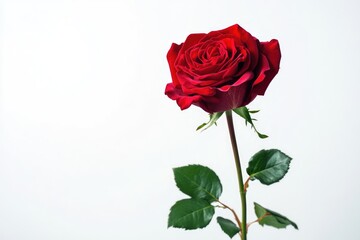 Single red rose with long stem on white background. AI generated illustration.