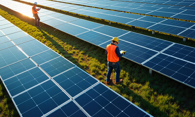 Engineers Inspecting Solar Panels Green Field