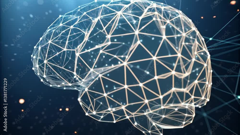 Poster Digital brain with connected nodes and lines against a dark blue gradient background