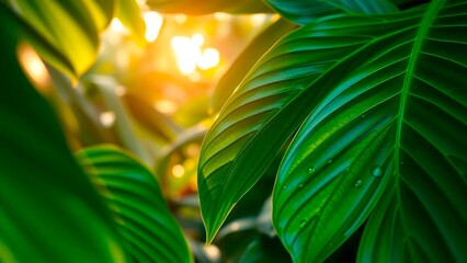 Lush, green leaves bask in the warmth of the sun, their vibrant color intensified by the soft, glowing light filtering through the foliage.