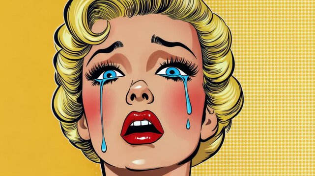 A vibrant pop art piece capturing a blonde woman in anguish, her tears reflecting heartbreak and betrayal.
