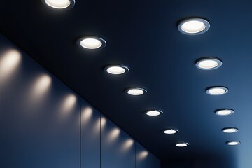 Spotlights recessed ceiling 3D render with glowing downlights at night. AI generated illustration.