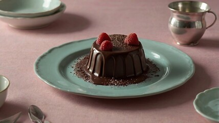 Un postre de chocolate con frambuesas encima, servido en un plato azul claro. El postre tiene una forma cilíndrica con chocolate derretido goteando por los lados. 