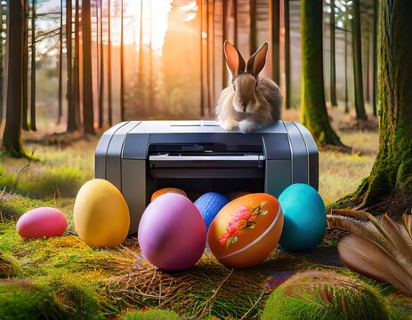 una impresora generando huevitos de pascua de colores en un bosque, a lo lejos un conejo descansa sobre una comoda silla