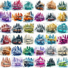 Watercolor drawing Futuristic concept bus in the city. AI generated illustration