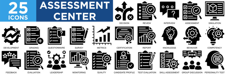 assessment center, business, assessment, office, test, employee, icon set. Outline icons collection. Simple vector illustration